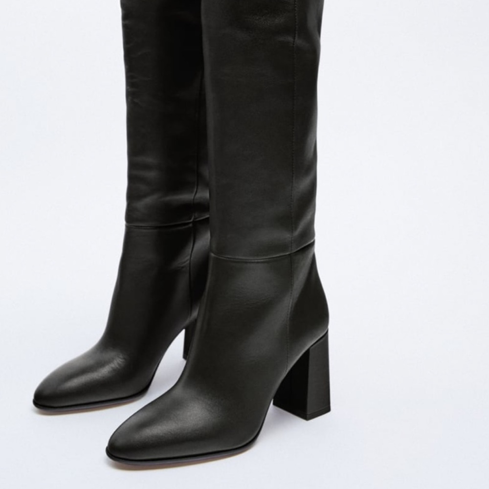 Heeled Leather Knee High Boots